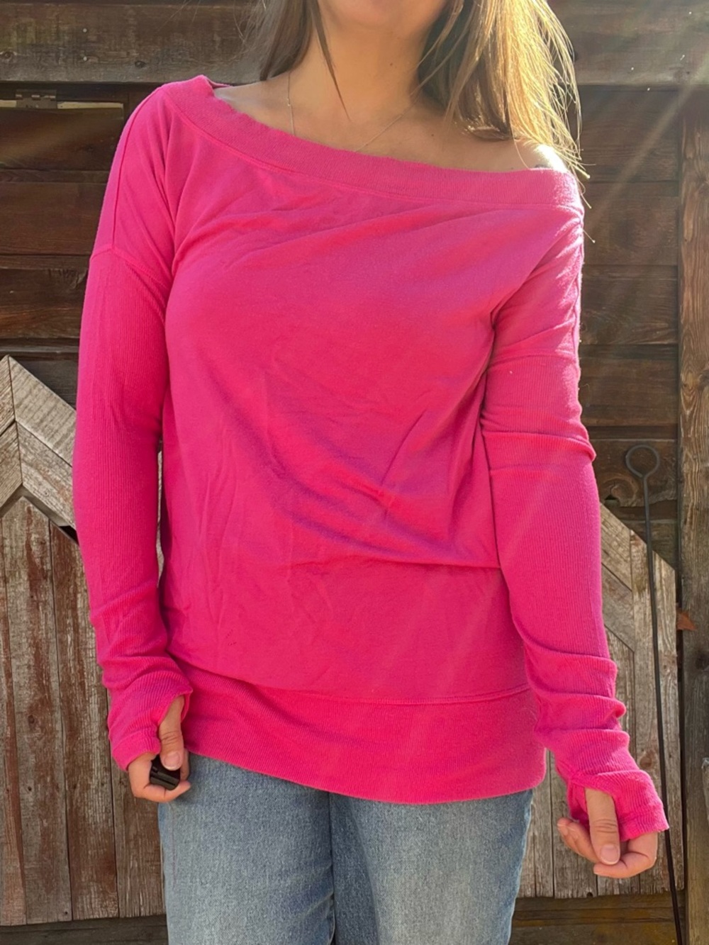 Athleta Lightweight Sweater Hot Pink Soft Knit Long Sleeve Boatneck Top - M